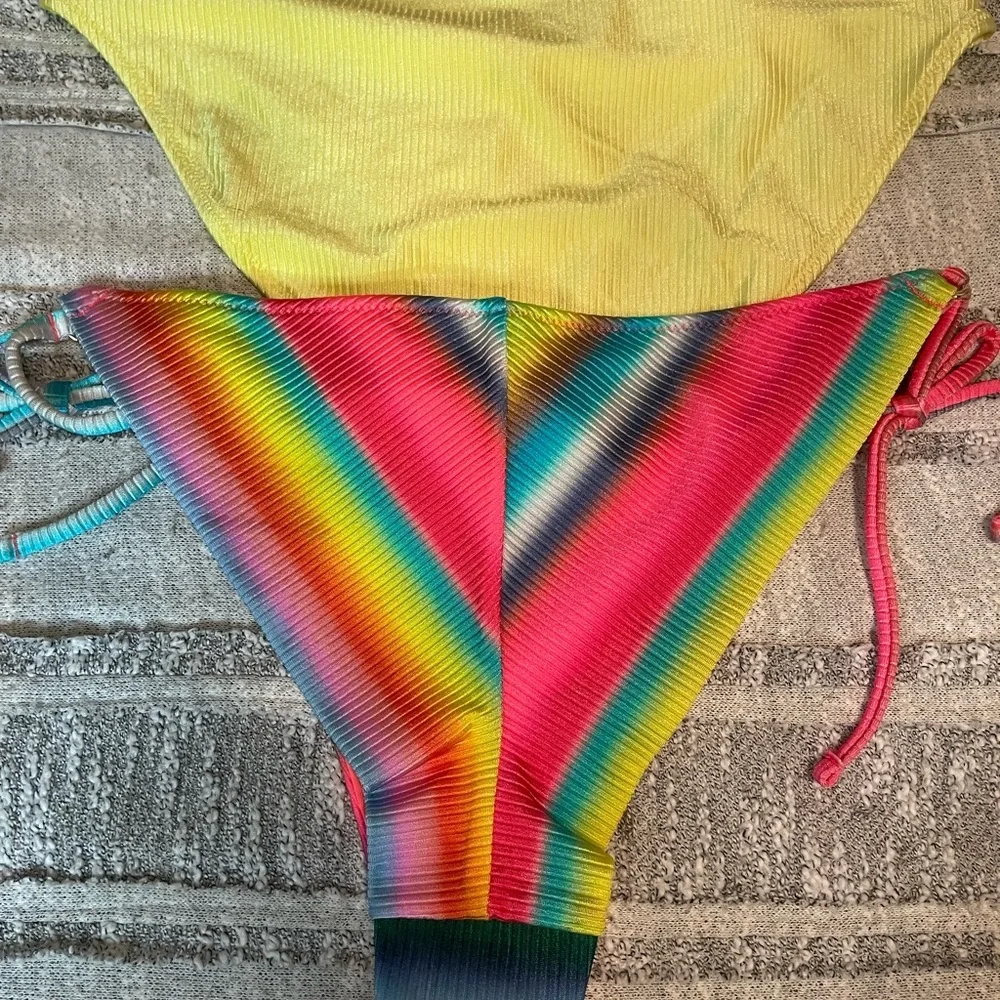 Aerie Multi Color Bikini with Tie Details and Yellow Cheeky Bikini Bottom Bundle